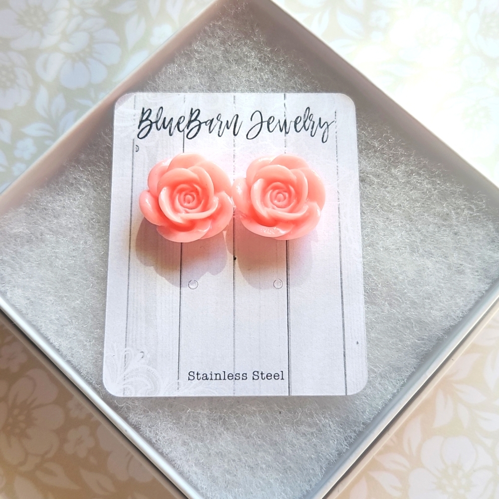 Handmade Pink Rose Stud Earrings